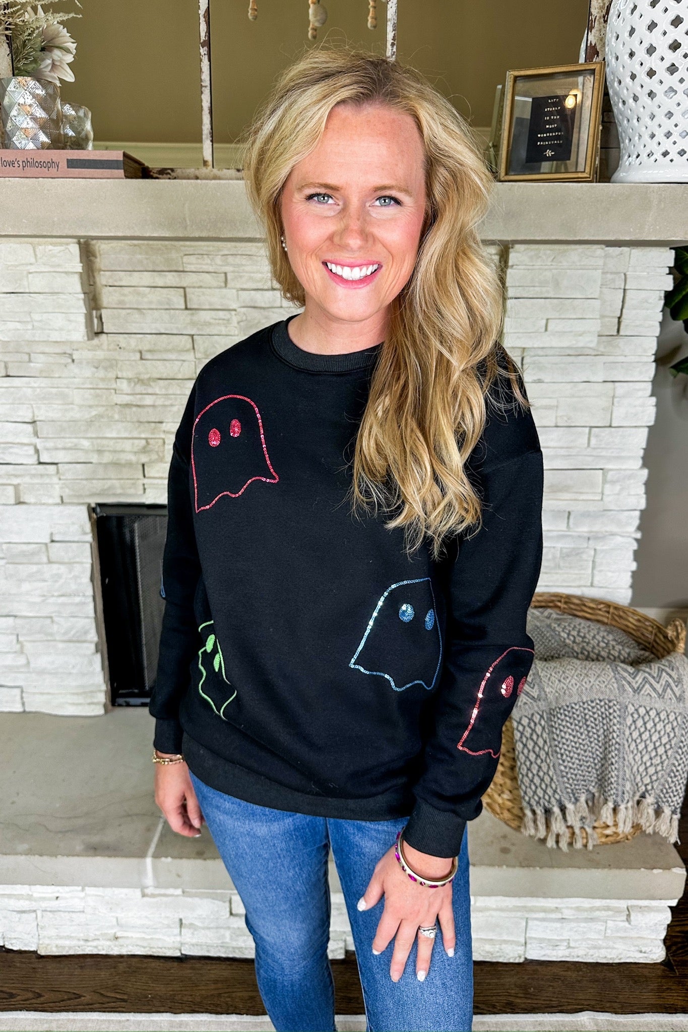 **PRE-ORDER** Super Cozy Black Multi Color Sequin Ghost Pullover