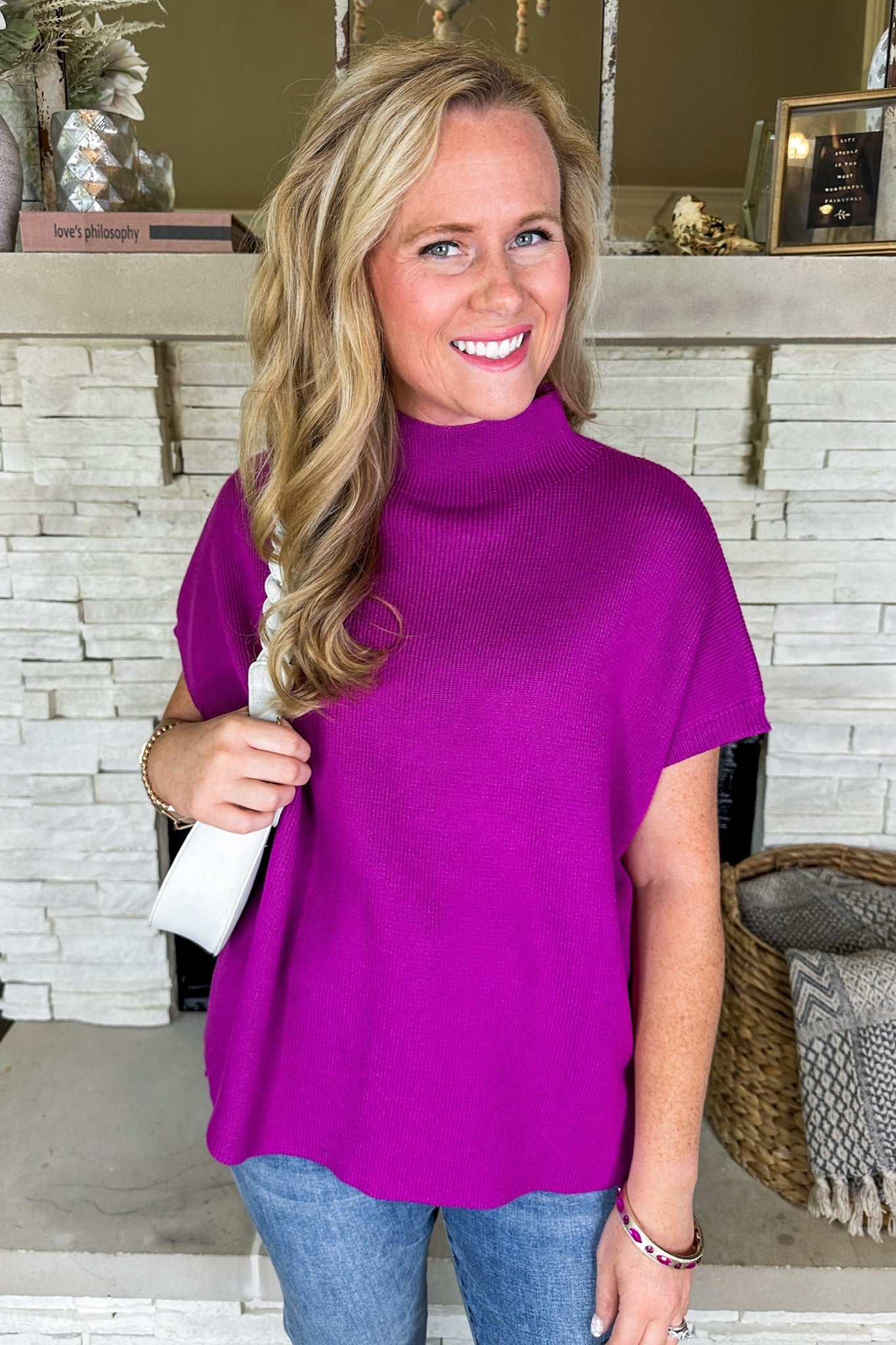 Magenta Mock Neck Drop Shoulder Knit Top