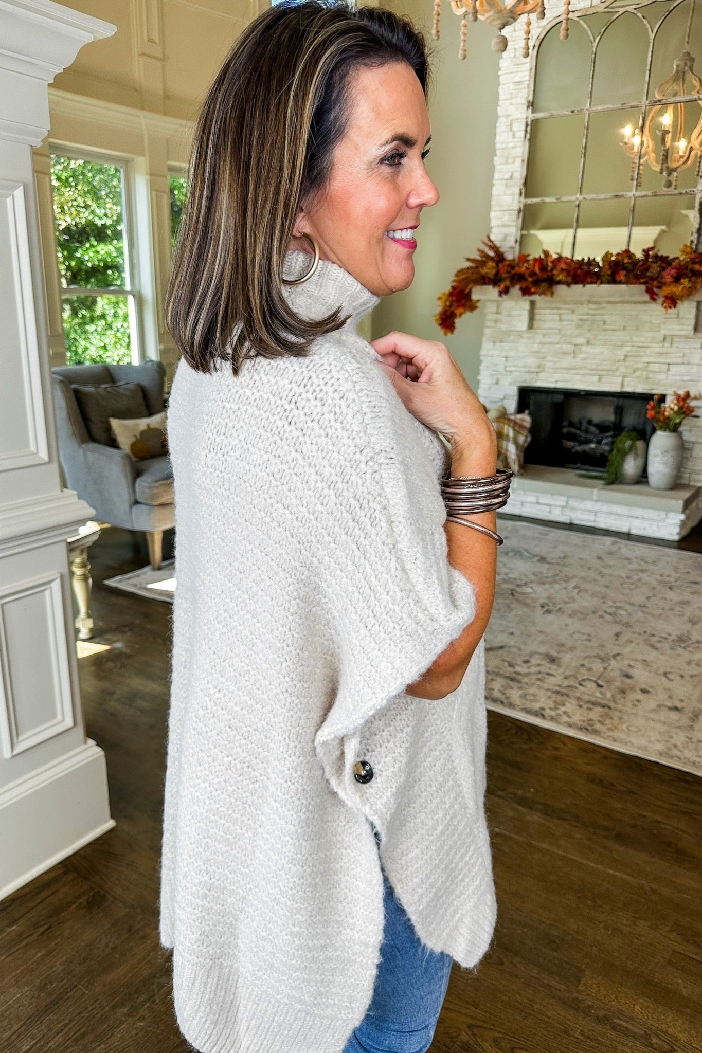 Turtleneck Knit Poncho Sweater Top in Cream