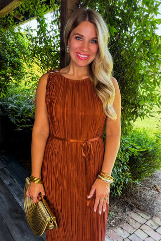 Rsvp Ready Pleated Midi Dress in Rust
