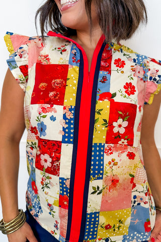 Patchwork Stripe Zip Top in Red