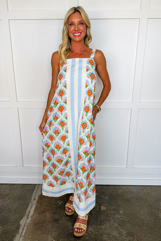 Retro Bloom Stripe Midi Dress in Blue