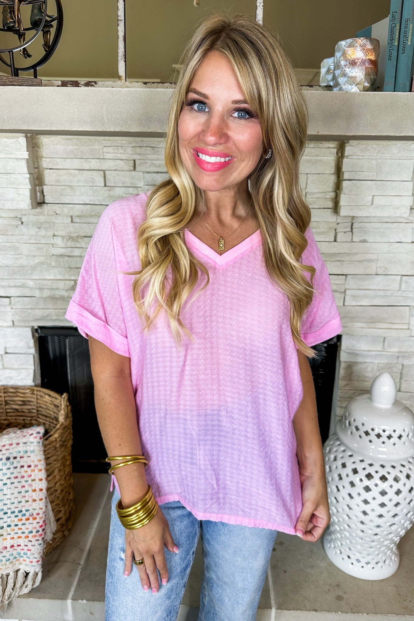 Textured V Neck Not-So-Basic Top in Pink