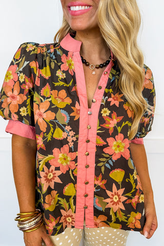 Rustic Bloom Floral Button Front Top