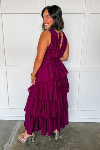Grace & Glamour Tiered Maxi Dress in Burgundy