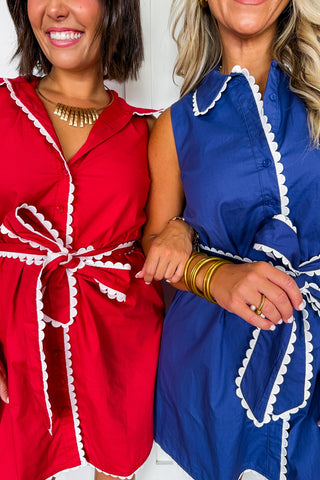 The Madison Scallop Trim Bow Dress in Crimson