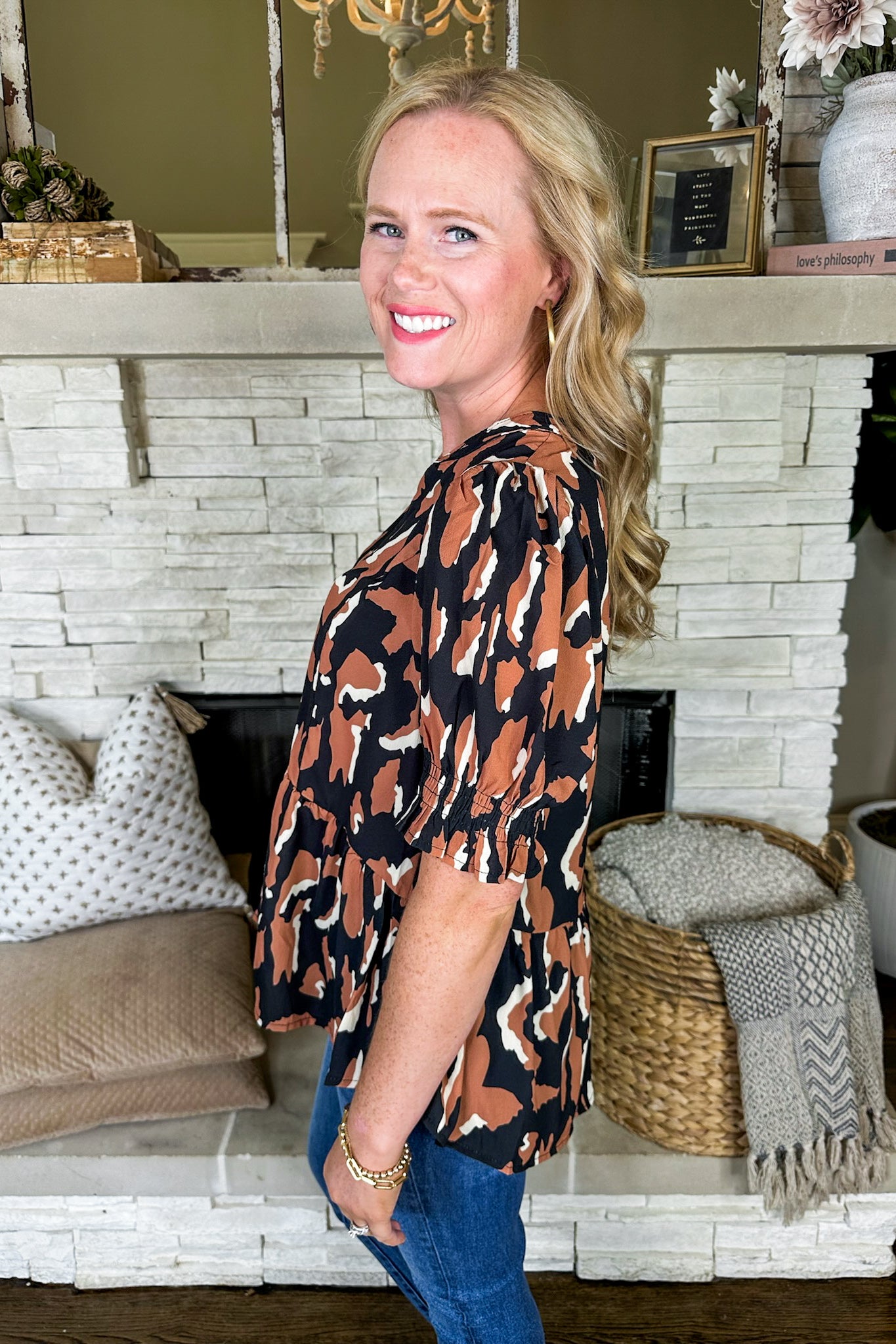 Neutral Leopard V Neck Poet Sleeve Peplum Top