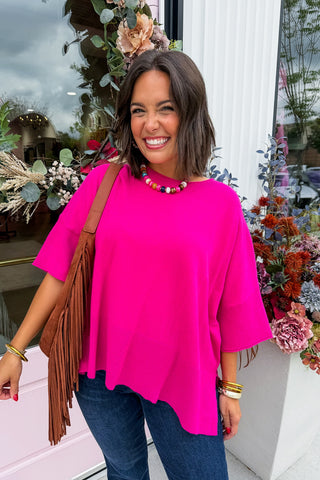 Casually Cute Oversized Knit Top in Fuchsia