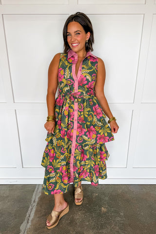 Vintage Bloom Pink & Olive Tie Waist Midi Dress
