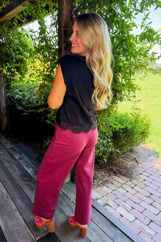 Sweetheart Wide Leg Scallop Pants in Wine