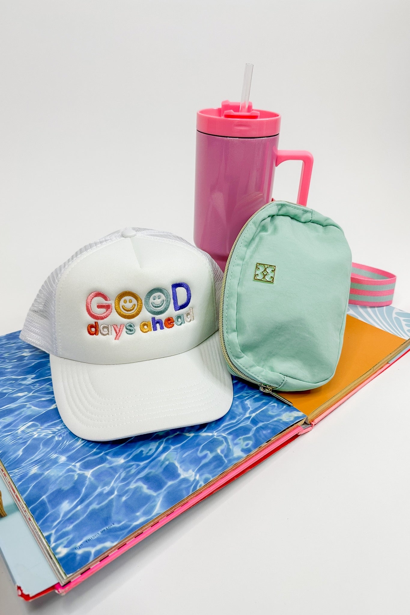 Good Days Ahead Smiley Embroidered White Trucker Hat