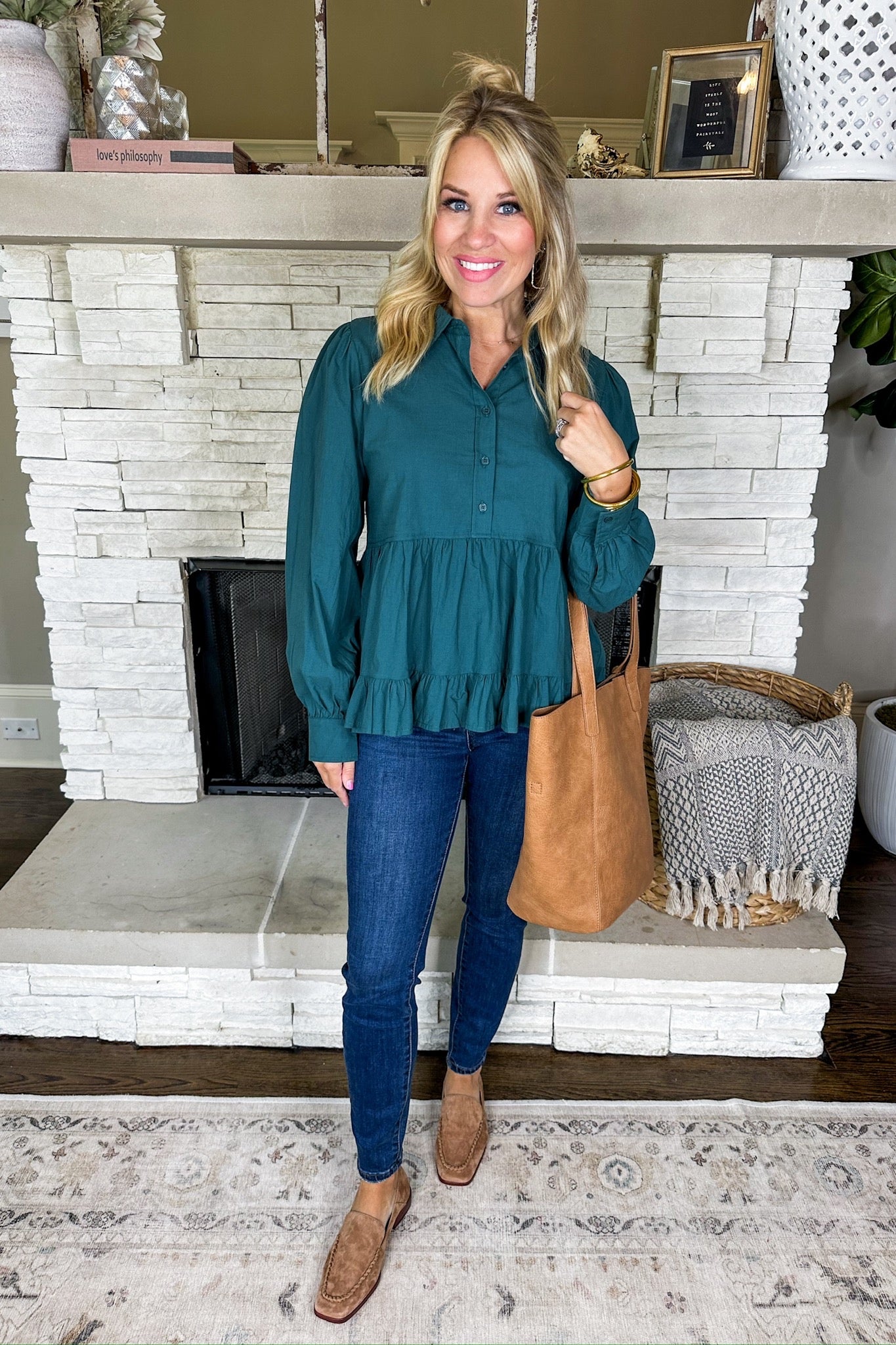 Half Button Down Tiered Babydoll Collared Top in Hunter Green