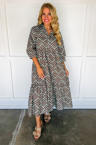 The Hadley Print Midi Dress in Brown & Mint