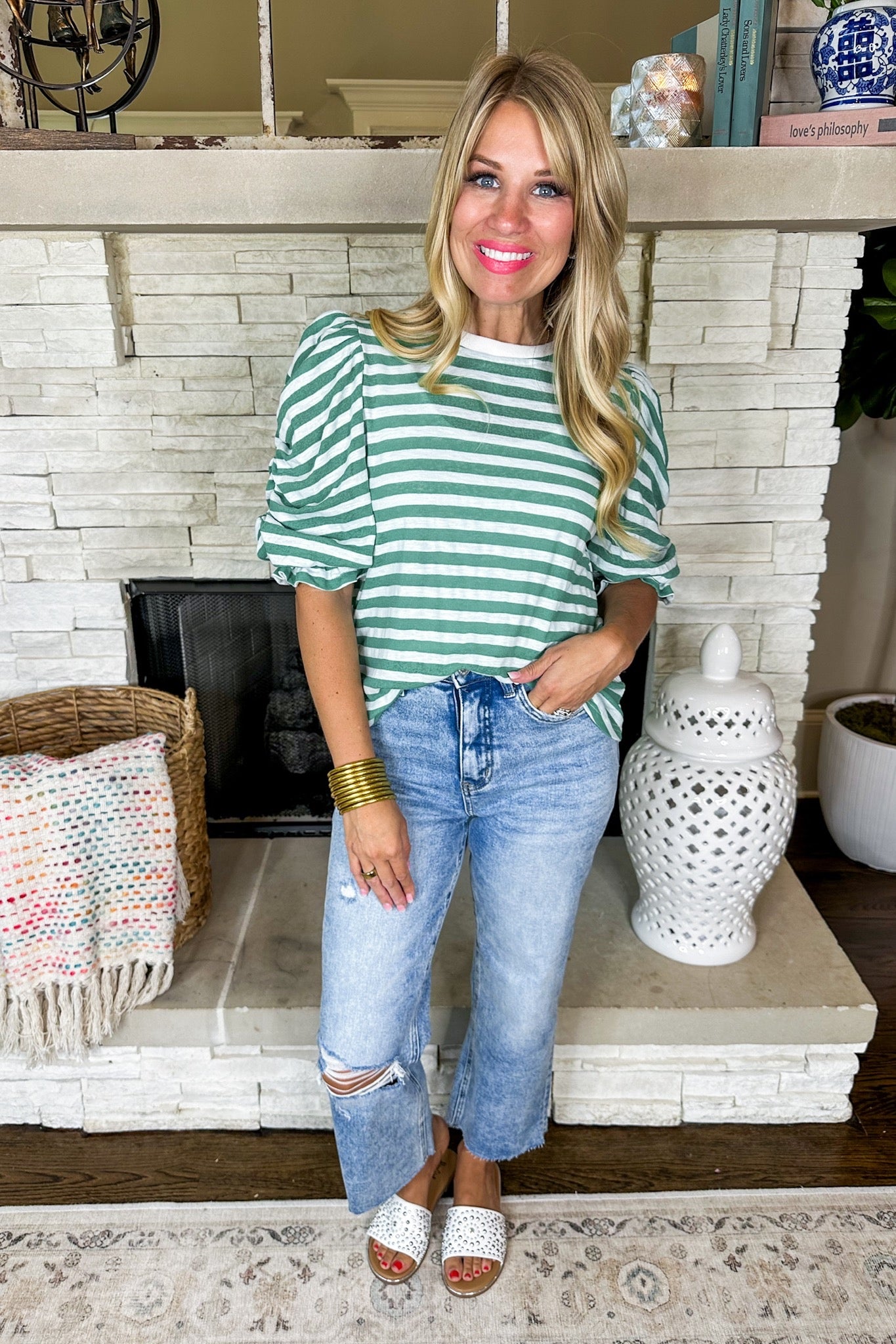 Closet Staple Cinched Puff Sleeve Striped Top in Green