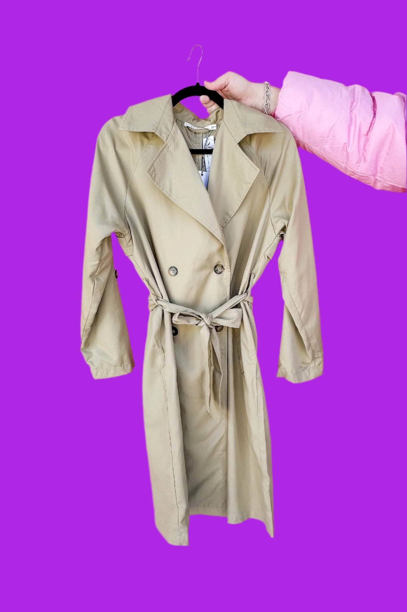 Khaki Wooden Button Tie Waist Double Button Long Trench Coat