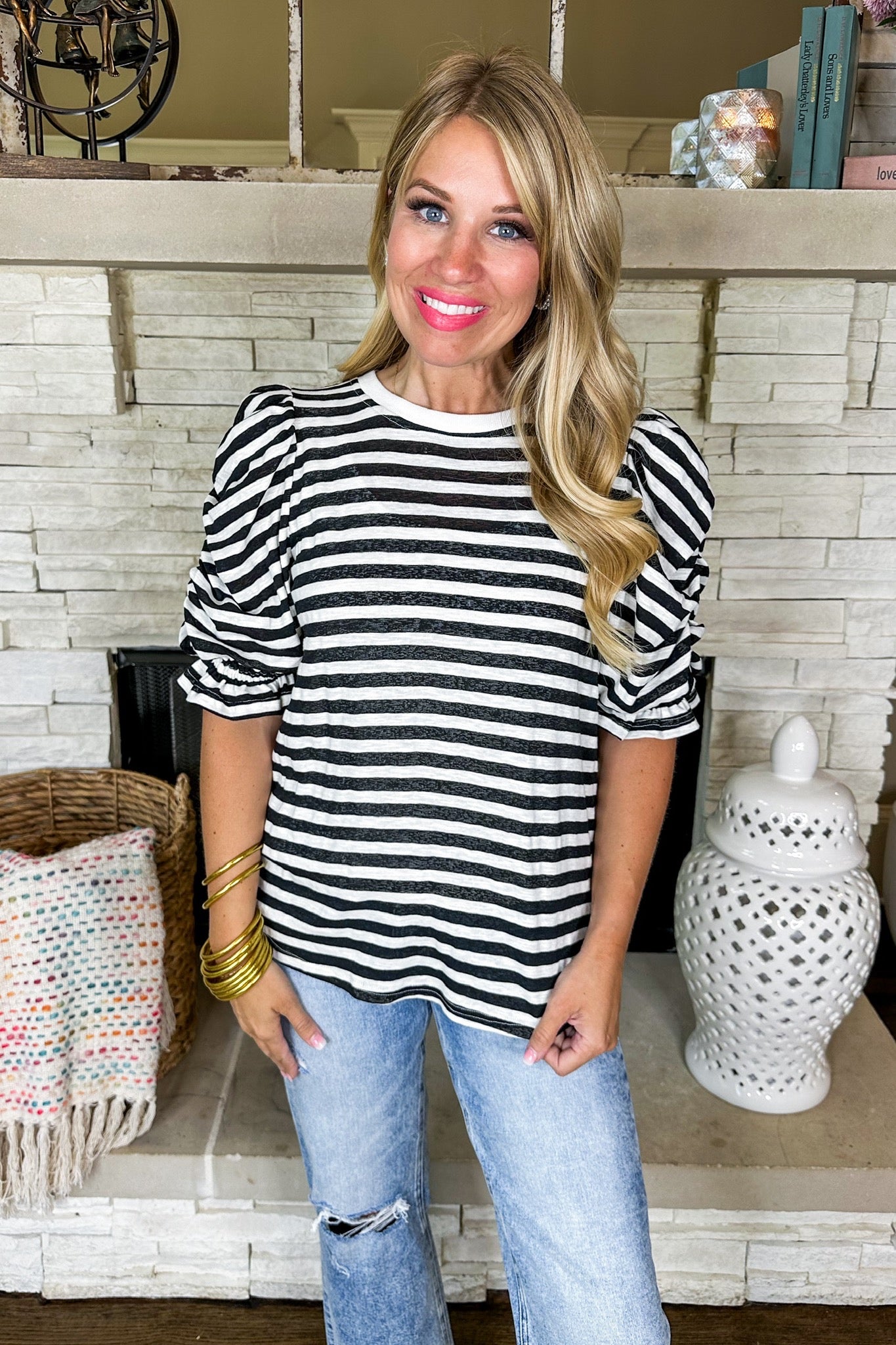 Closet Staple Cinched Puff Sleeve Striped Top in Black