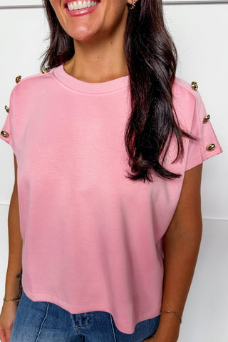 Golden Touch Button Sleeve Top in Pink