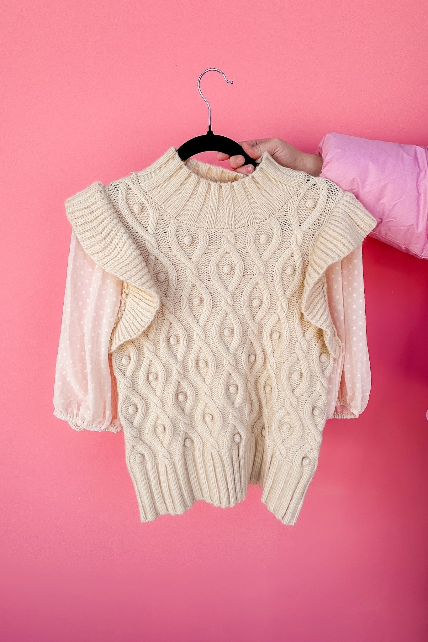 Cream Swiss Dot Cable Knit Sweater Sheer Sleeve Top