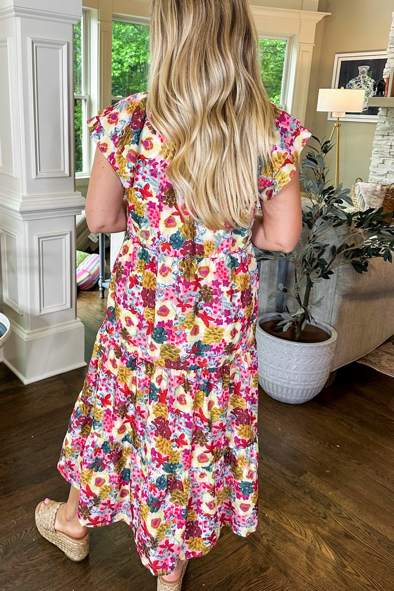 Double Ruffle Tiered Floral Midi Dress by THML