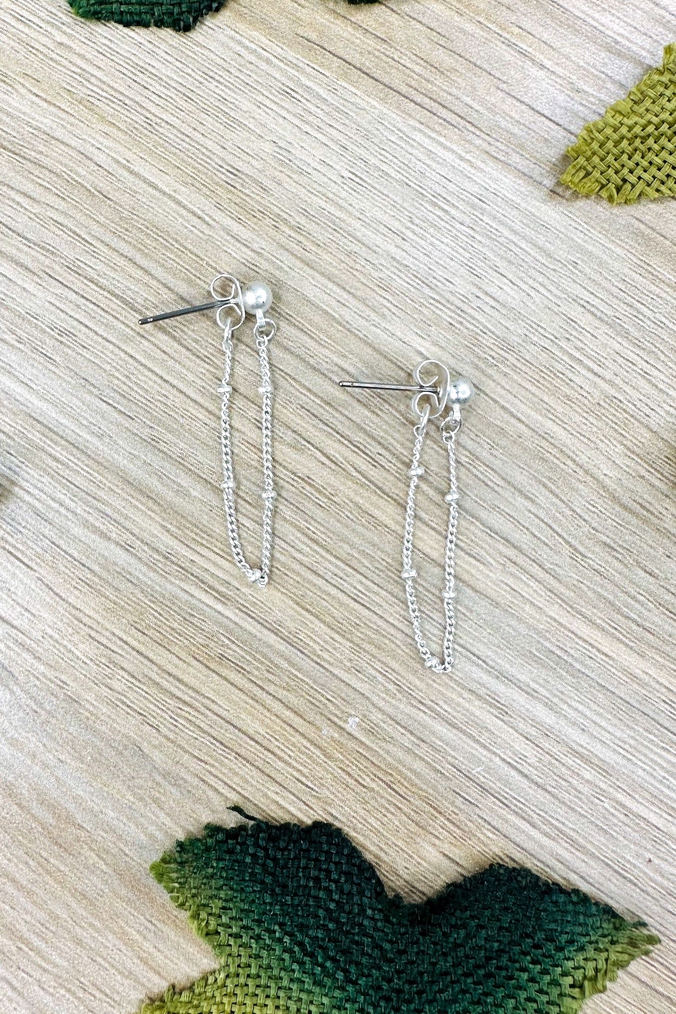 Drop Chain Mason Ball Stud Earrings in Silver