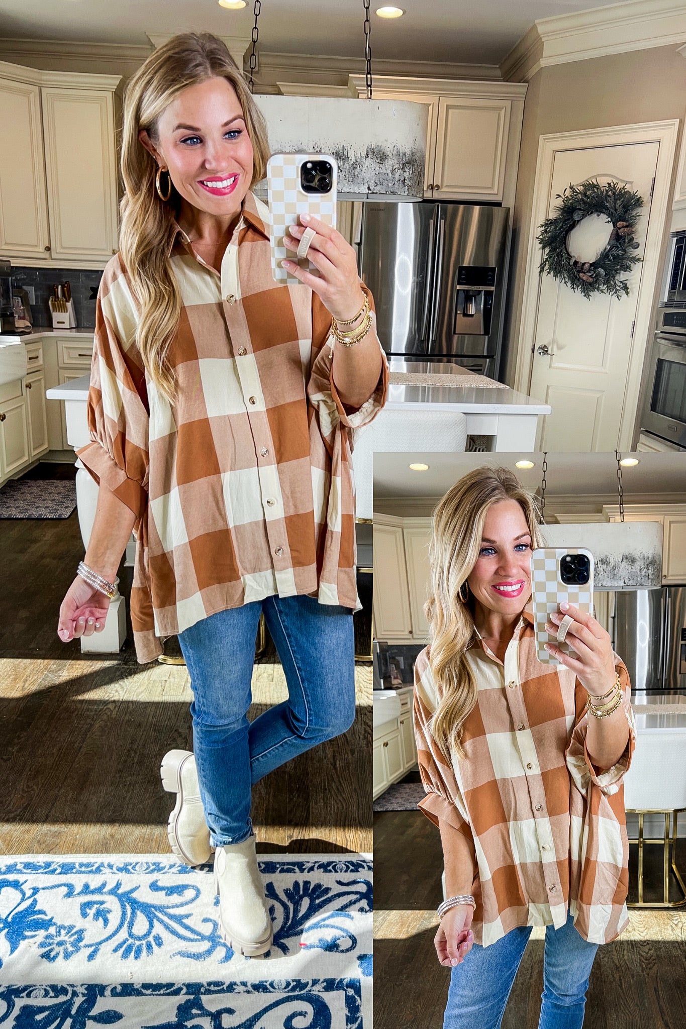 Gingham Button Down Poncho Top in Caramel