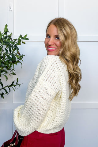 Dear Scarlett Bella Waffle Knit Crewneck Sweater in Ivory