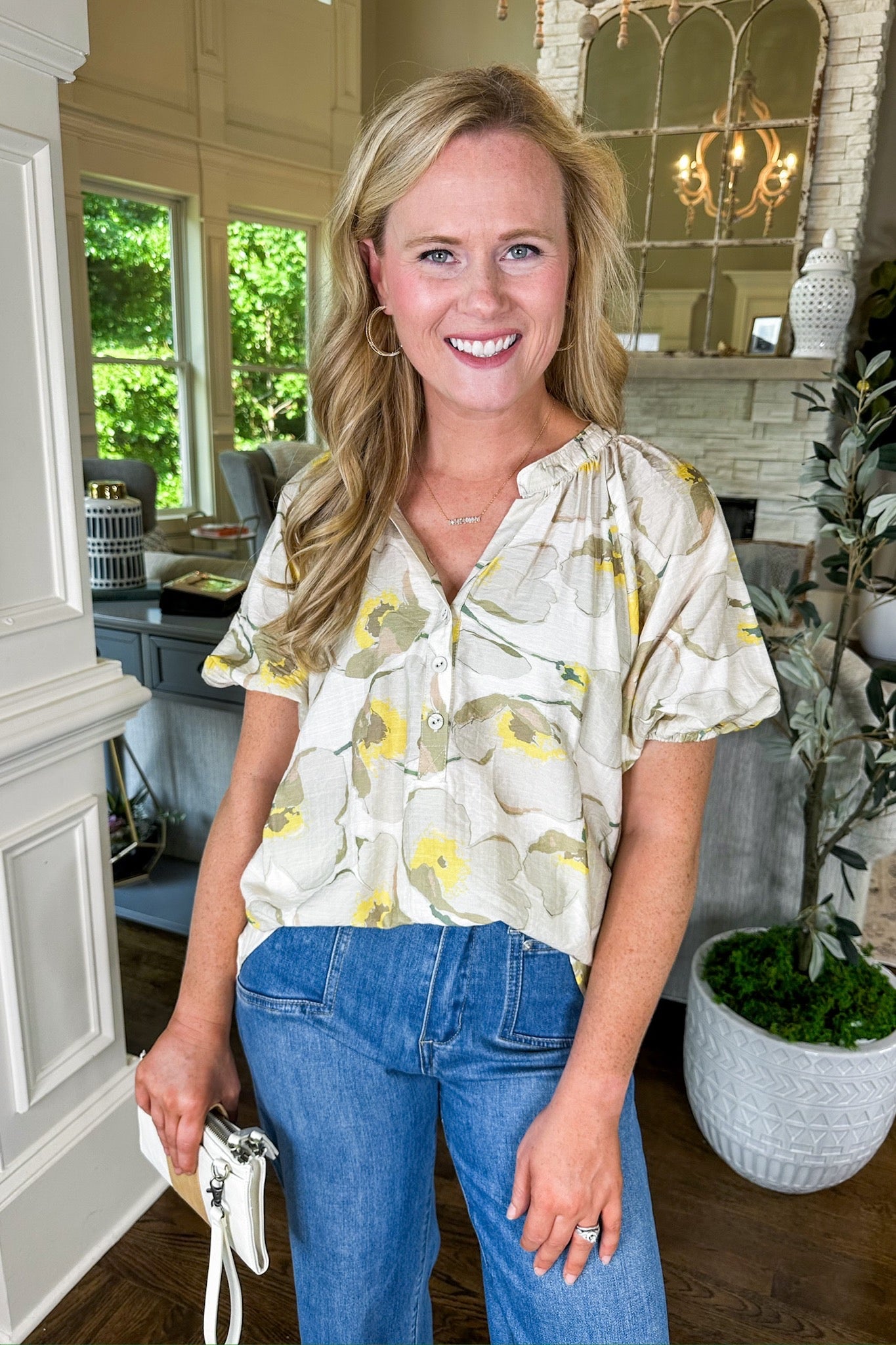 Half Button Down Floral Taupe Mix Notch Neck Top