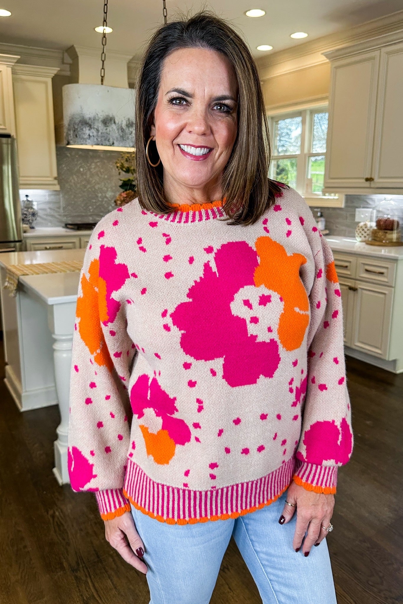 Spotted Pink, Orange, Taupe Mix Flower Sweater