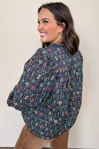 Navy Floral Patterned Long Sleeve Blouse