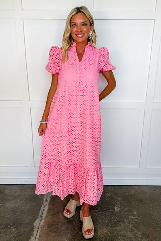 The Meredith Eyelet Midi Dress in Pink