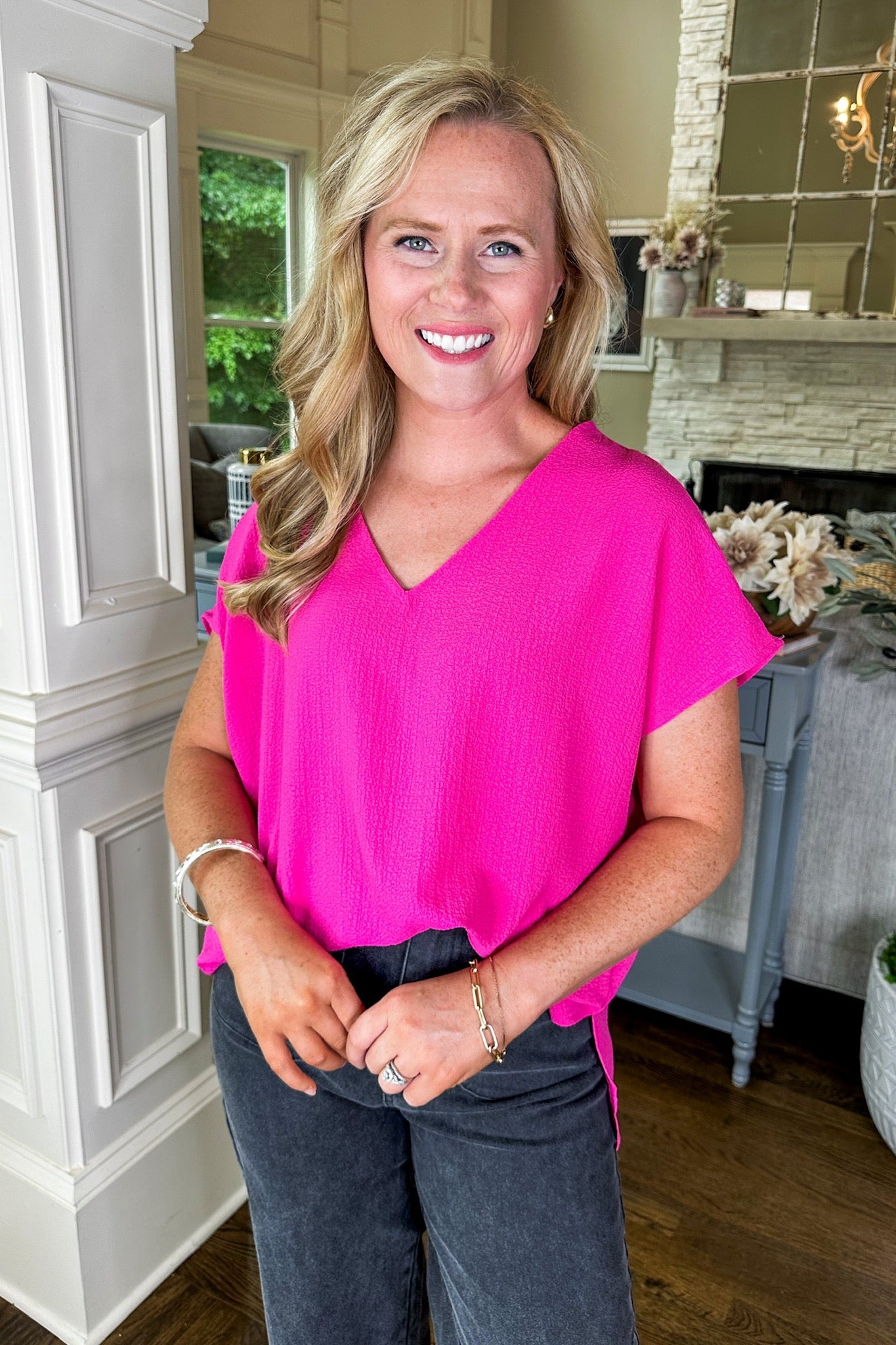 The Whitney Textured V Neck Staple Shift Top Hot Pink