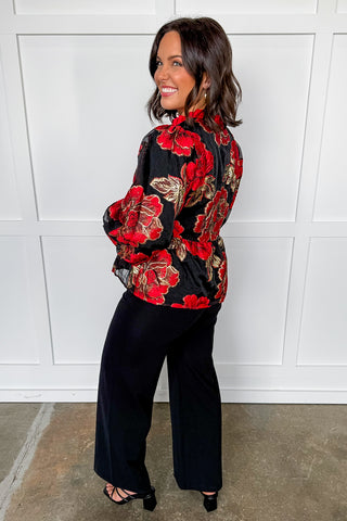 Luxe Red & Black Jacquard Top with Gold Buttons