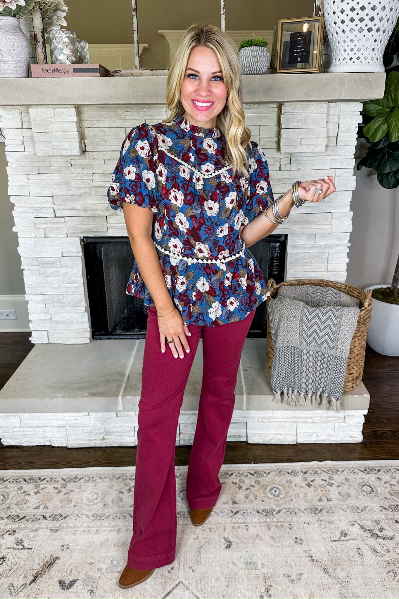 Dusty Blue Floral Embroidered Trim Bubble Sleeve Top