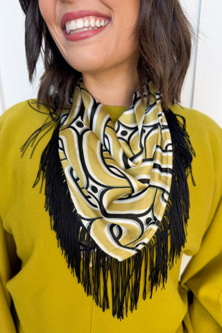 The Dolly Fringe Scarf in Gold & Black Retro Mod Print