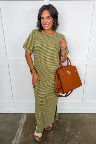 The Presley Stripe Midi Dress in Olive/Cream
