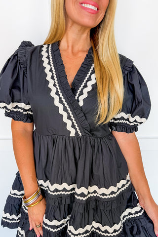 Wrapped Ric Rac Tiered Dress in Black