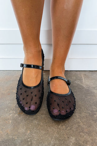 The Faye Rhinestone Mesh Mary Jane Flat in Black