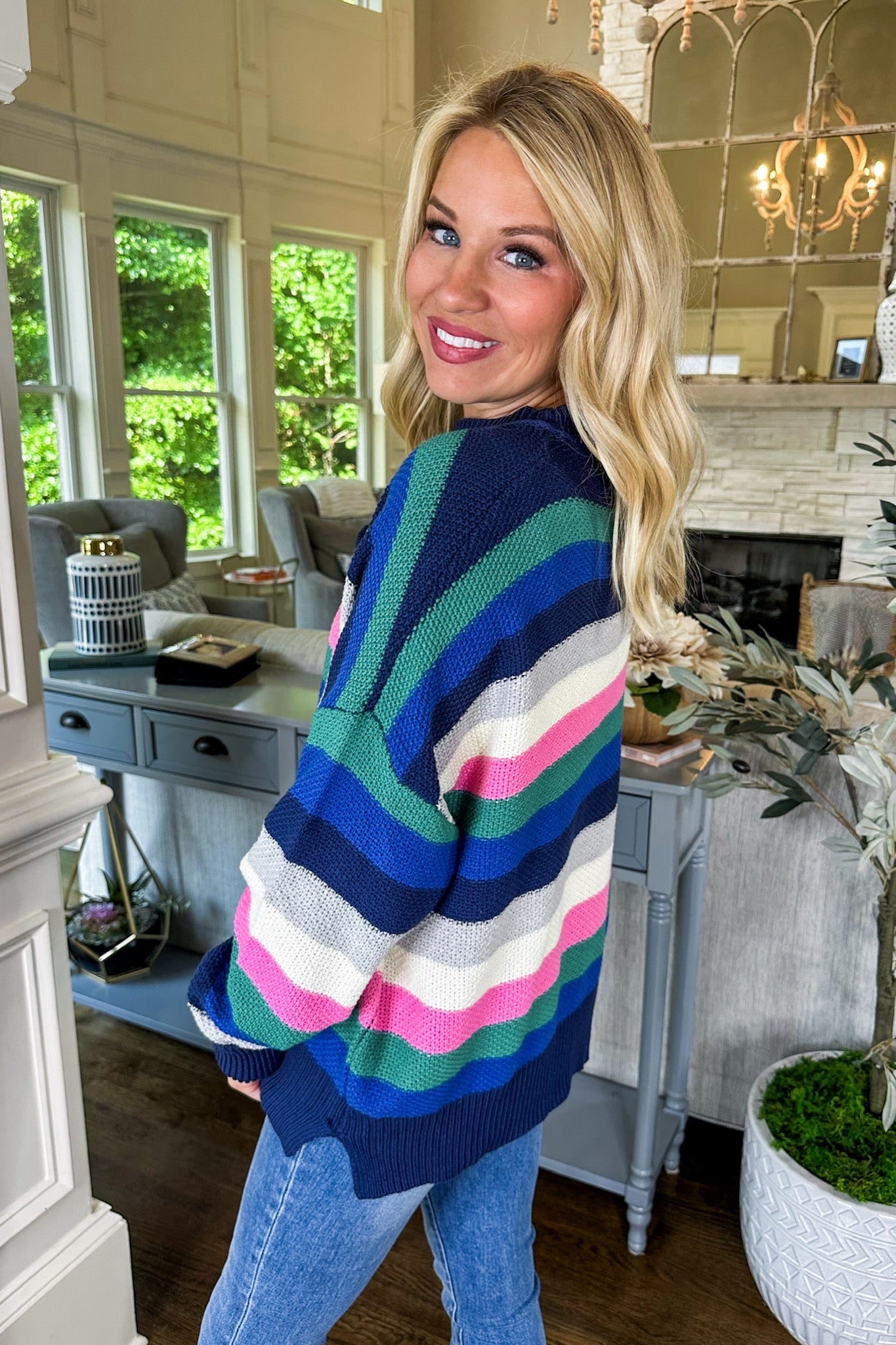 Oversized Multi Color Striped Knit Sweater in Navy Mix