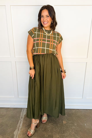 Two-way Midi Dress + Sweater Set in Olive Plaid