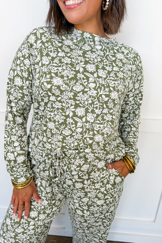 The Annie Pajama Pant Set in Painted Trillium Olive by Mary Square