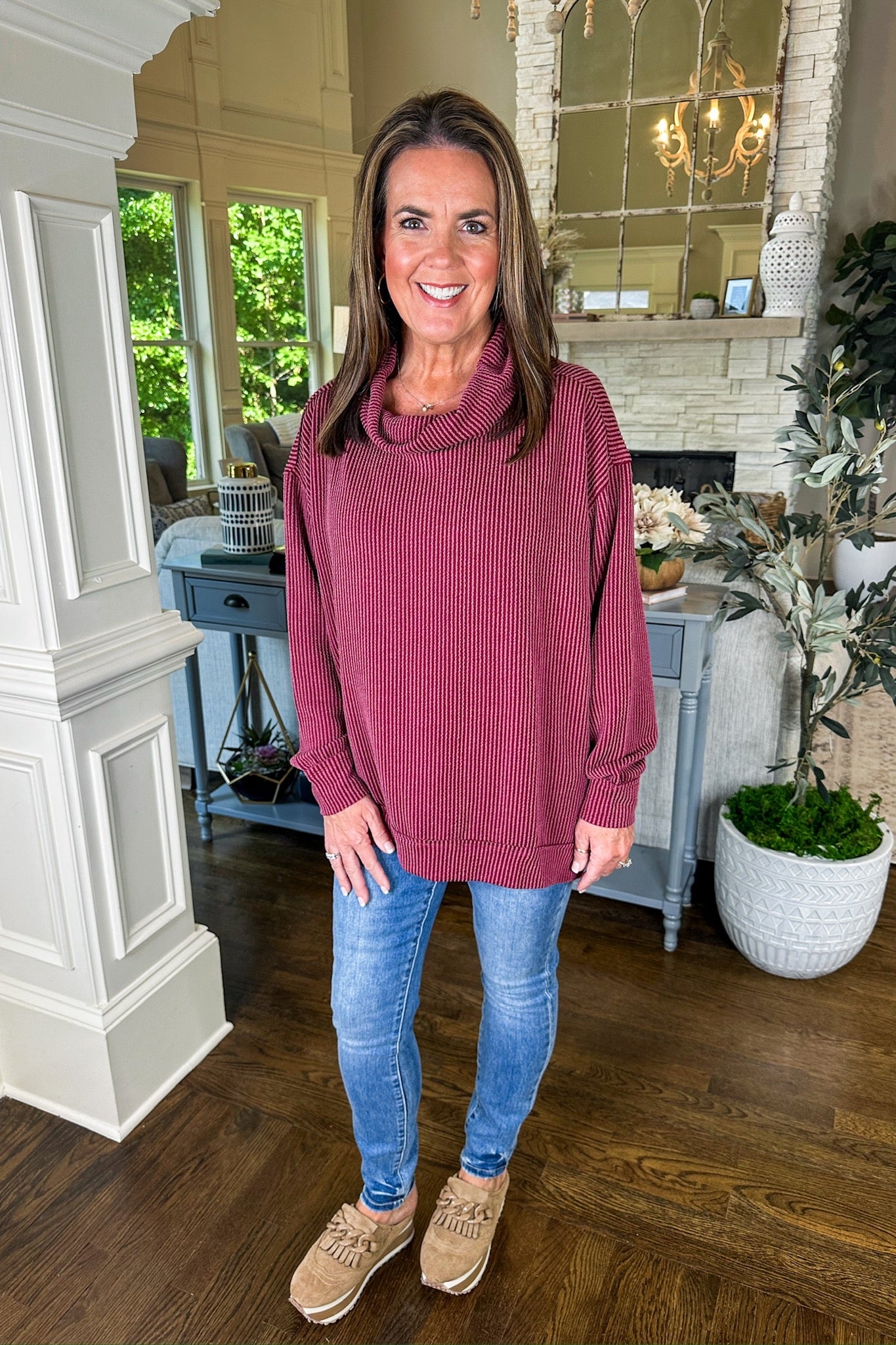 The Hadley Ribbed Cowl Neck Long Sleeve Top in Wine