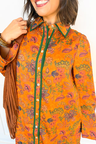 Harvest Bloom Printed Shirt Dress in Rust