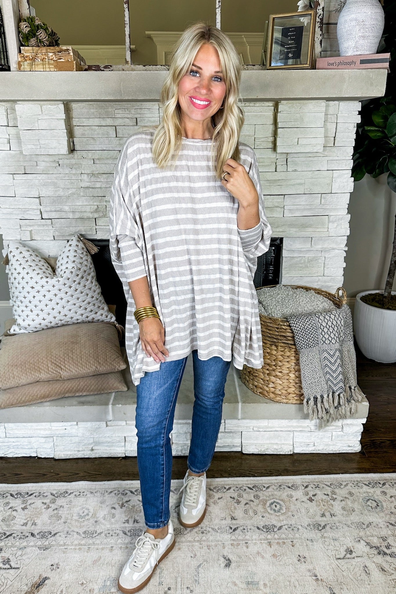 Striped Tan White Textured Dolman Sleeve Top