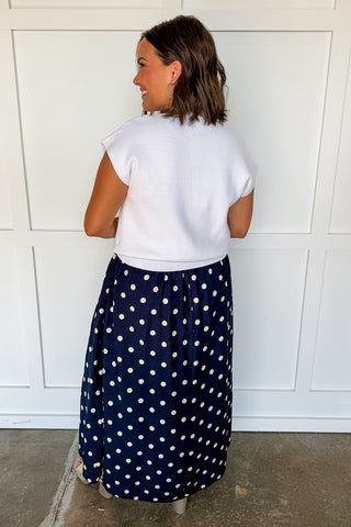 Polka Dot Two-way Midi Dress + Sweater Set in White & Navy