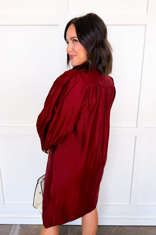 Fall In Line Ruffle Dress in Burgundy