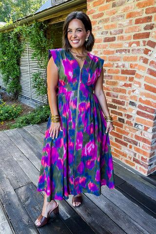 The Krissy Zip-Up Midi Dress in Magenta