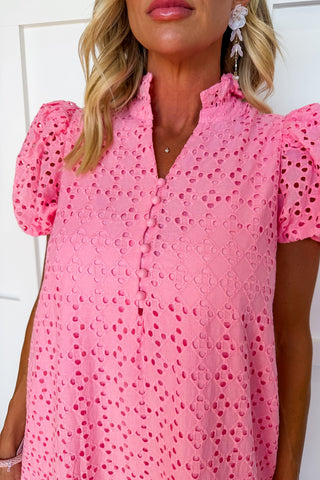 The Meredith Eyelet Midi Dress in Pink
