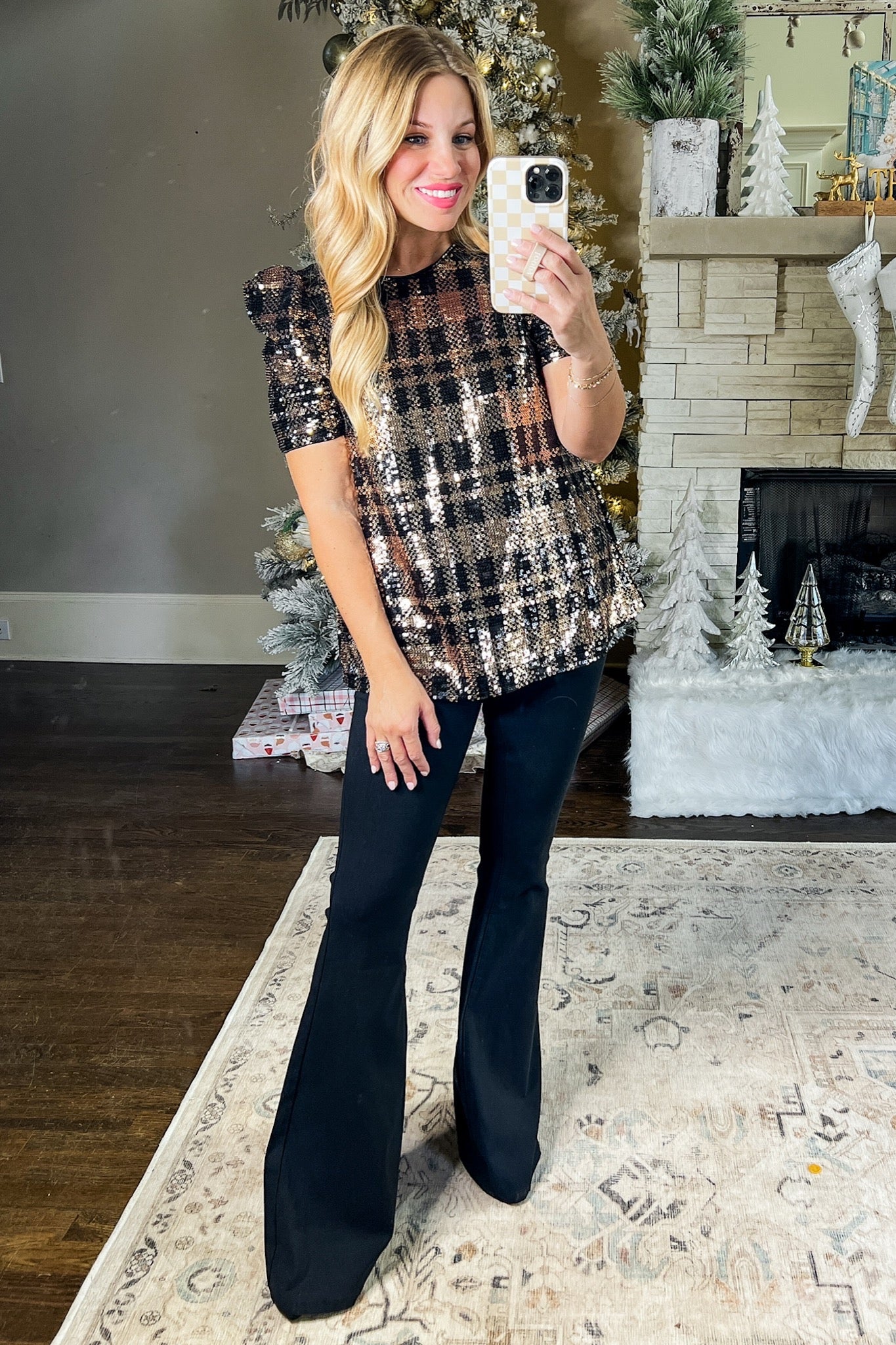 Full Sequin Plaid Puff Sleeve Top by THML in Black/Gold