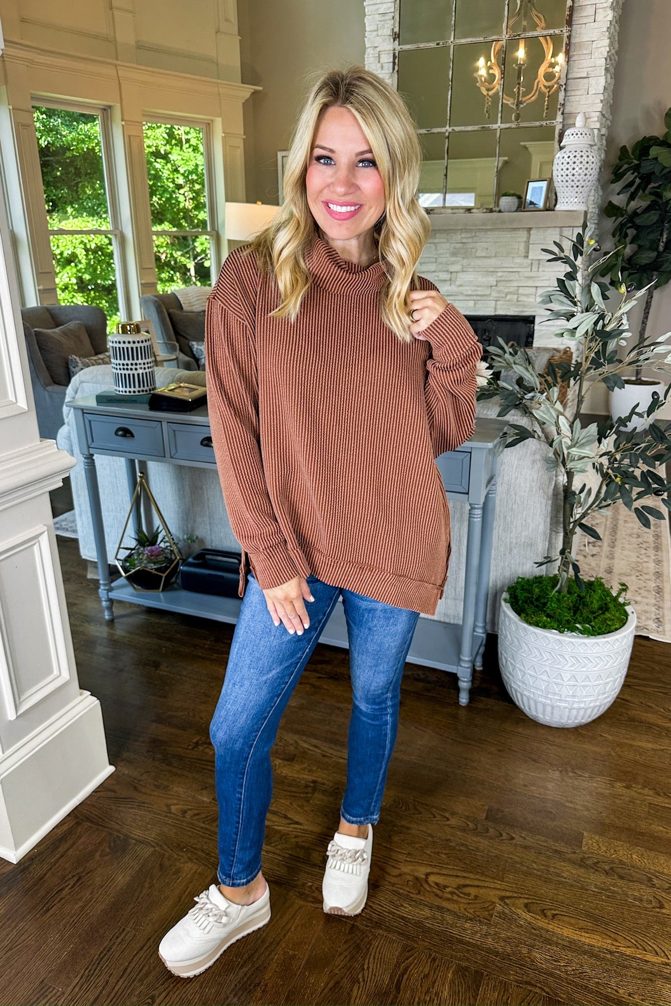 The Hadley Ribbed Cowl Neck Long Sleeve Top in Chestnut