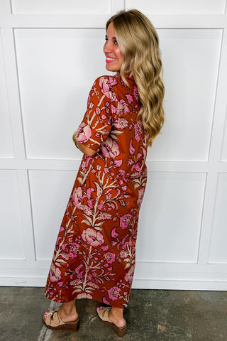 The Kayla Floral Midi Dress in Rust